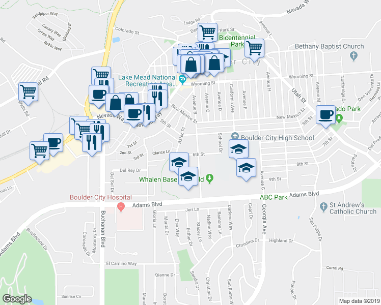 map of restaurants, bars, coffee shops, grocery stores, and more near 900 Avenue B in Boulder City