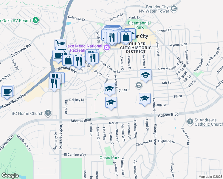 map of restaurants, bars, coffee shops, grocery stores, and more near 273 Aztec Place in Boulder City