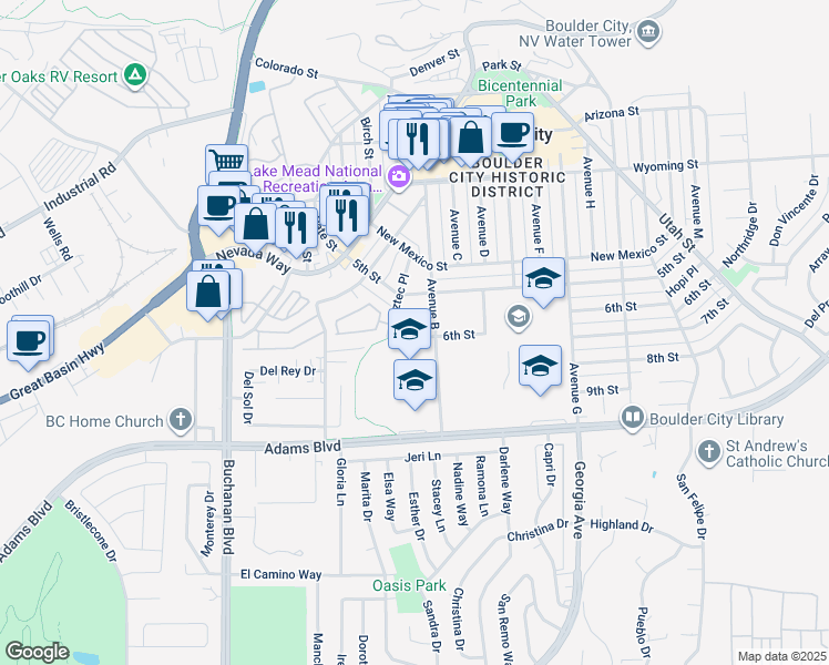 map of restaurants, bars, coffee shops, grocery stores, and more near 273 Aztec Place in Boulder City