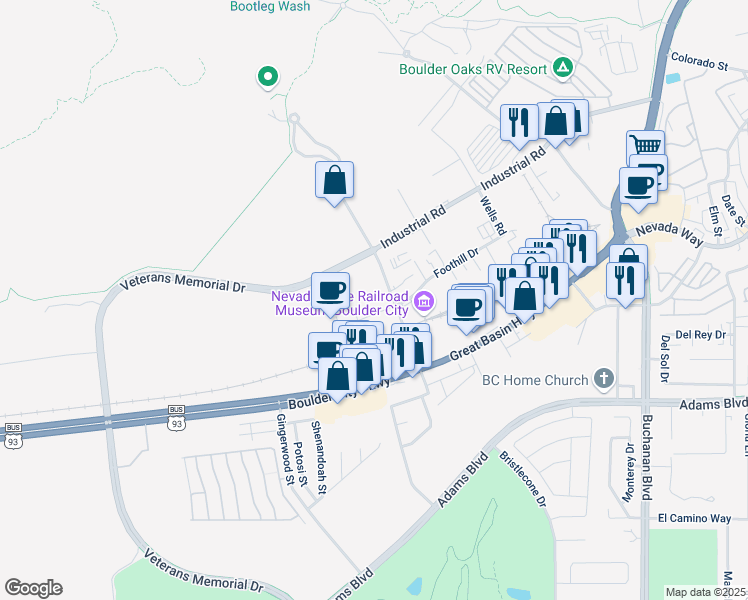 map of restaurants, bars, coffee shops, grocery stores, and more near 83 Foothill Drive in Boulder City