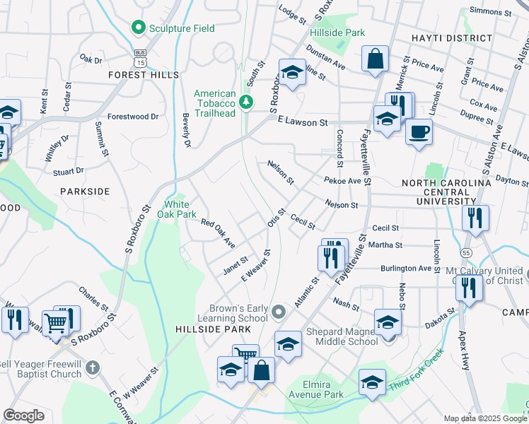 map of restaurants, bars, coffee shops, grocery stores, and more near 108 West Weaver Street in Durham