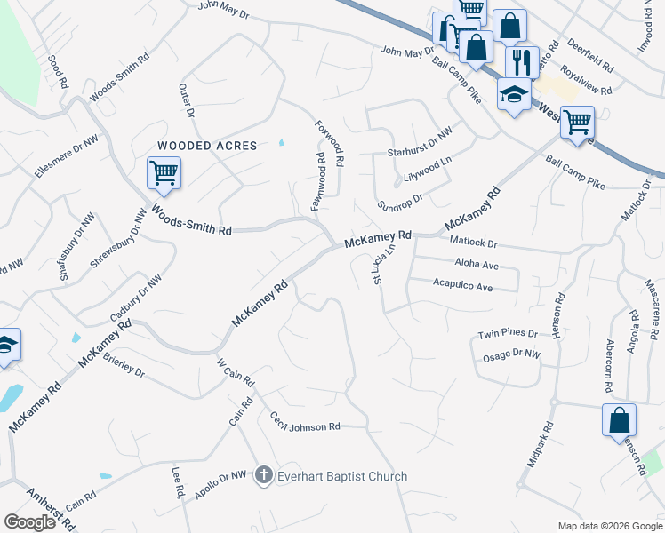 map of restaurants, bars, coffee shops, grocery stores, and more near 5942 Aruba Lane in Knoxville