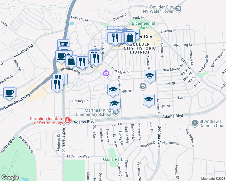 map of restaurants, bars, coffee shops, grocery stores, and more near in Boulder City