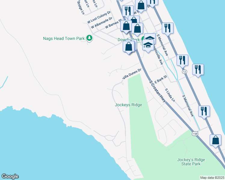 map of restaurants, bars, coffee shops, grocery stores, and more near 158 Nags Way Court in Nags Head