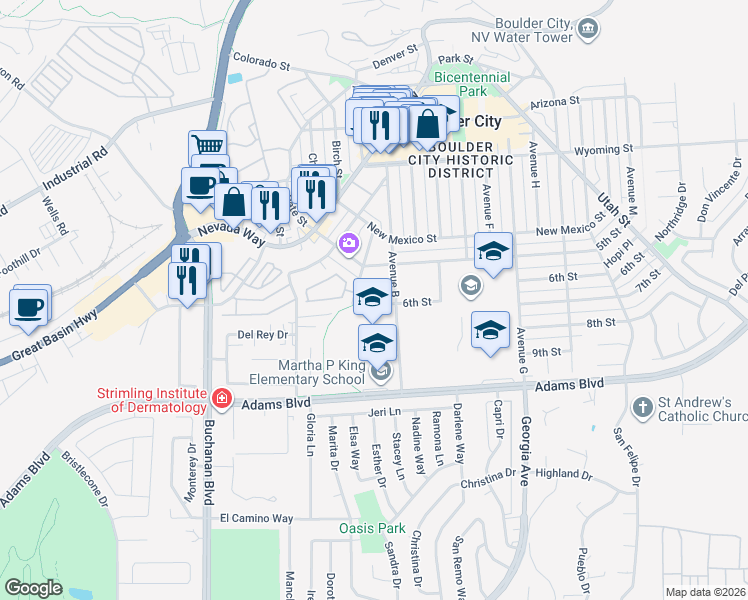 map of restaurants, bars, coffee shops, grocery stores, and more near 273 Aztec Place in Boulder City