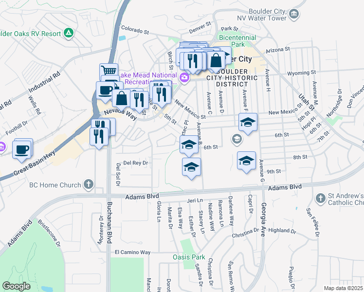 map of restaurants, bars, coffee shops, grocery stores, and more near 273 Aztec Place in Boulder City