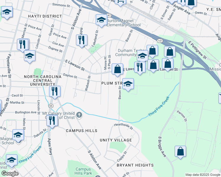 map of restaurants, bars, coffee shops, grocery stores, and more near 927 South Plum Street in Durham