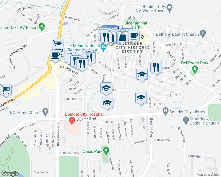 map of restaurants, bars, coffee shops, grocery stores, and more near in Boulder City