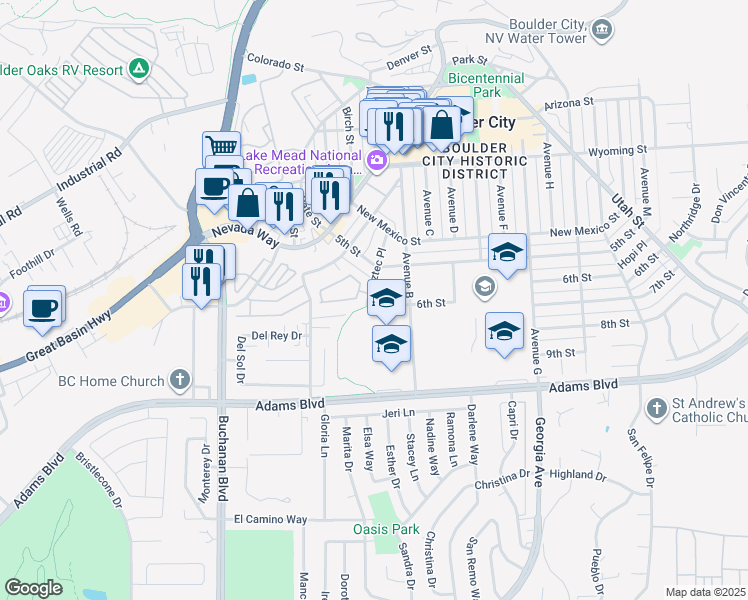 map of restaurants, bars, coffee shops, grocery stores, and more near 273 Aztec Place in Boulder City