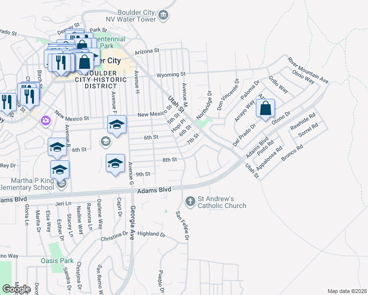map of restaurants, bars, coffee shops, grocery stores, and more near 573 7th Street in Boulder City
