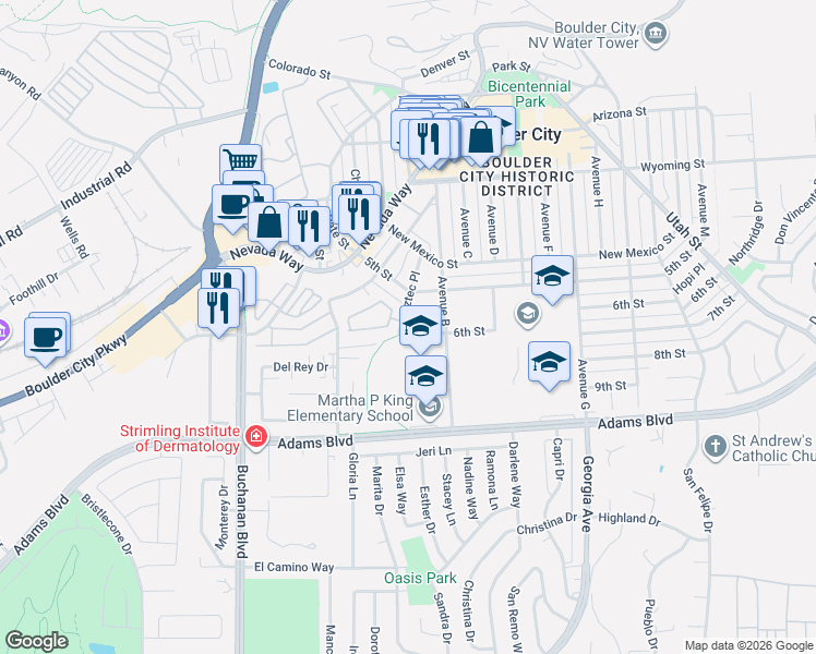 map of restaurants, bars, coffee shops, grocery stores, and more near in Boulder City