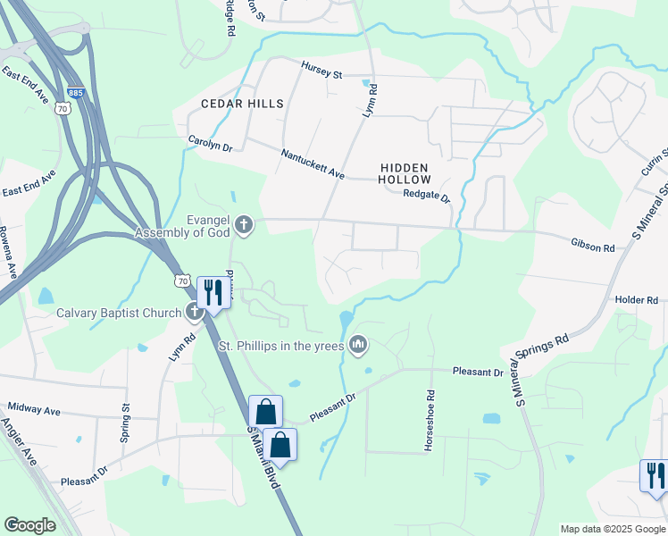 map of restaurants, bars, coffee shops, grocery stores, and more near 2924 Forrestal Drive in Durham