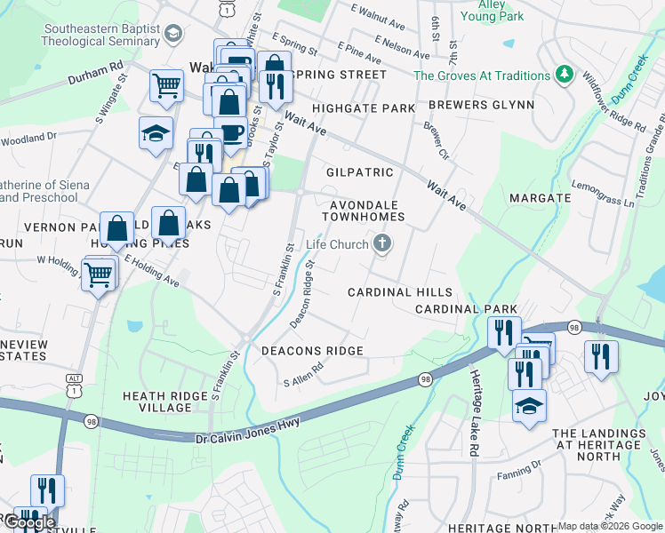 map of restaurants, bars, coffee shops, grocery stores, and more near 605 Torry Hill Court in Wake Forest