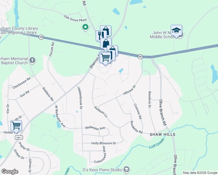 map of restaurants, bars, coffee shops, grocery stores, and more near 410 Hillview Drive in Durham