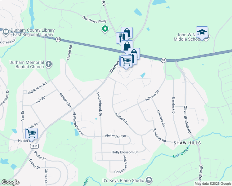 map of restaurants, bars, coffee shops, grocery stores, and more near 406 Ashburn Lane in Durham