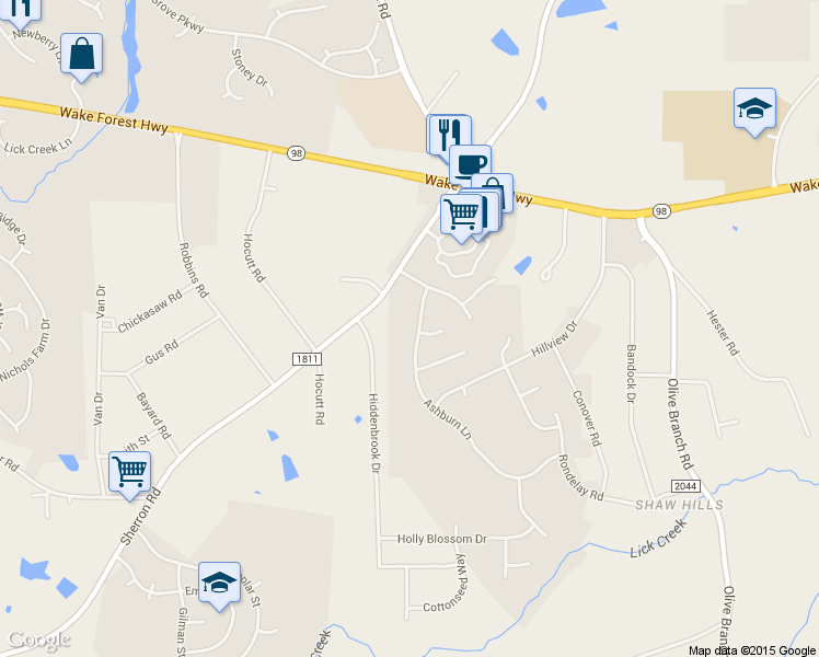 map of restaurants, bars, coffee shops, grocery stores, and more near 406 Ashburn Lane in Durham