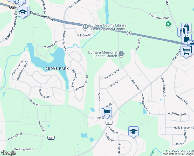 map of restaurants, bars, coffee shops, grocery stores, and more near 607 Van Drive in Durham