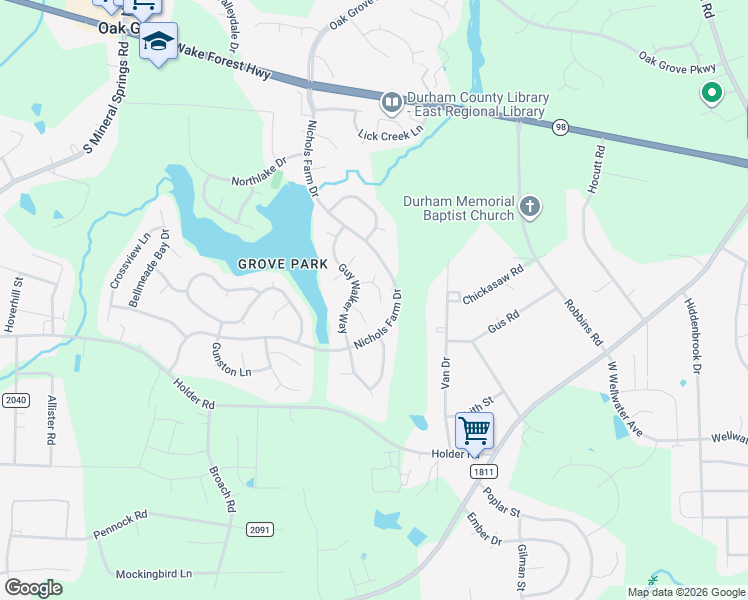 map of restaurants, bars, coffee shops, grocery stores, and more near 10 Wateroaks Court in Durham