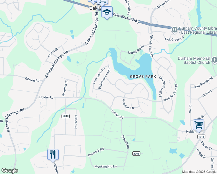 map of restaurants, bars, coffee shops, grocery stores, and more near 112 Leacroft Way in Durham