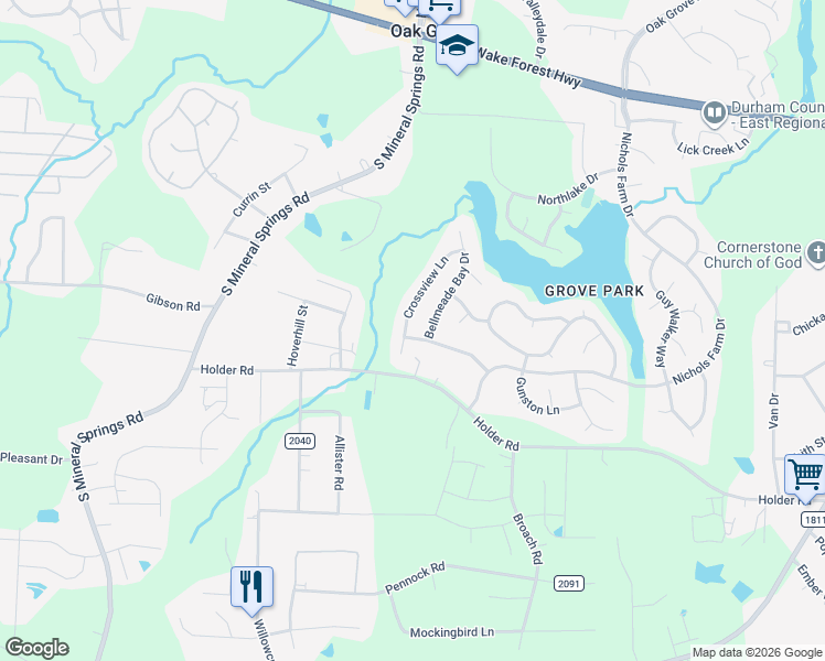 map of restaurants, bars, coffee shops, grocery stores, and more near 608 Crossview Lane in Durham
