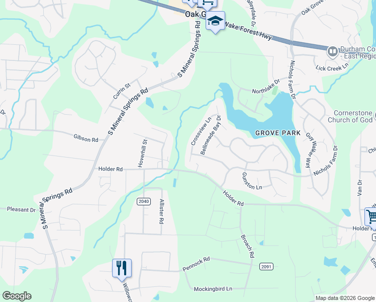 map of restaurants, bars, coffee shops, grocery stores, and more near 608 Crossview Lane in Durham