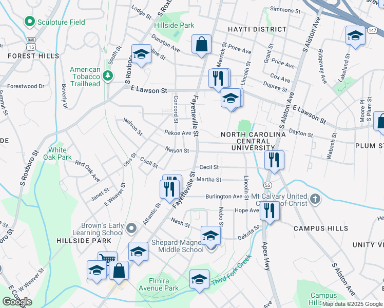map of restaurants, bars, coffee shops, grocery stores, and more near 2224 Fayetteville Street in Durham