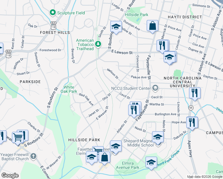 map of restaurants, bars, coffee shops, grocery stores, and more near 2306 Chautauqua Avenue in Durham