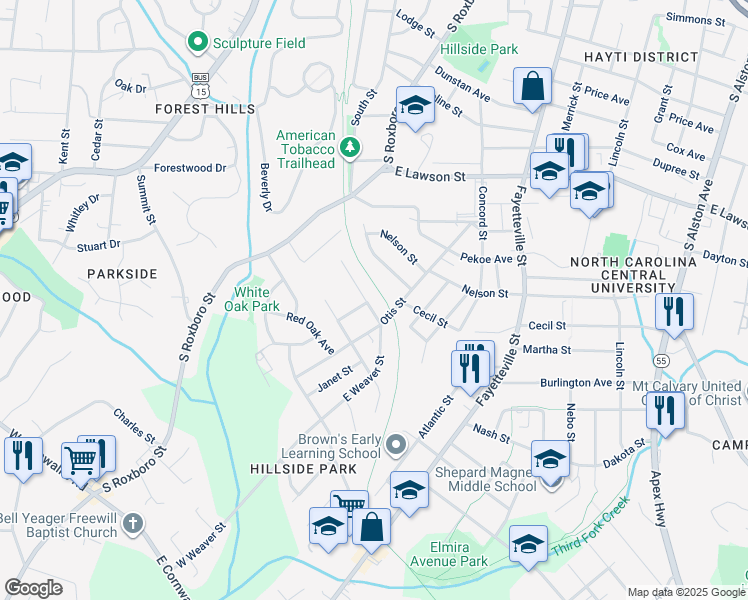 map of restaurants, bars, coffee shops, grocery stores, and more near 101 Weaver Street in Durham