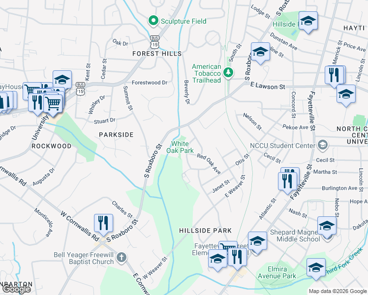 map of restaurants, bars, coffee shops, grocery stores, and more near 2501 Dallas Street in Durham
