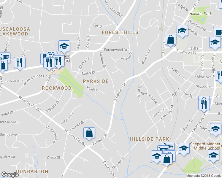 map of restaurants, bars, coffee shops, grocery stores, and more near 2100 Meade Lane in Durham