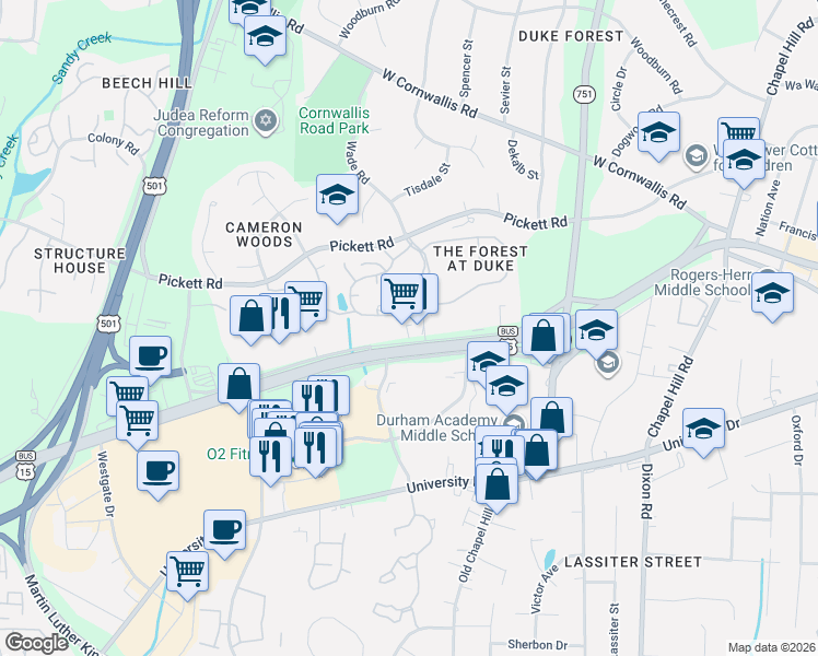 map of restaurants, bars, coffee shops, grocery stores, and more near 3620 Chapel Hill Boulevard Service Road in Durham