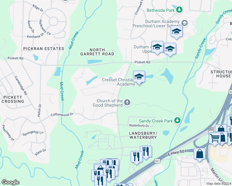 map of restaurants, bars, coffee shops, grocery stores, and more near in Durham