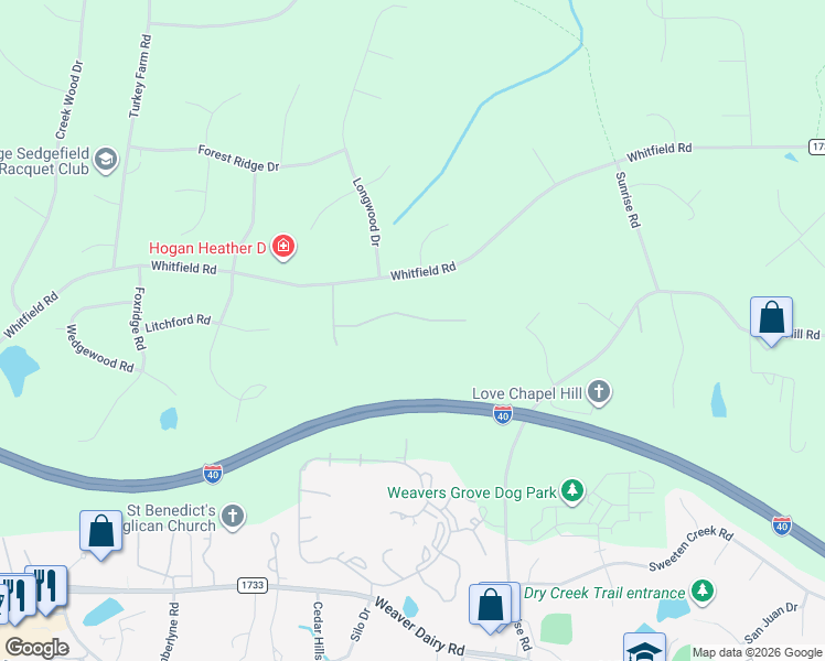 map of restaurants, bars, coffee shops, grocery stores, and more near 3513 Forest Oaks Drive in Chapel Hill