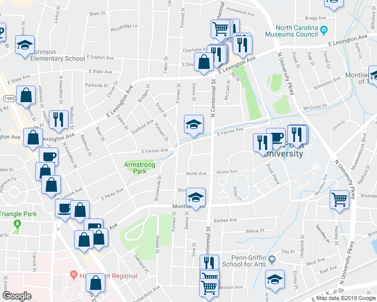 map of restaurants, bars, coffee shops, grocery stores, and more near 911 Denny Street in High Point