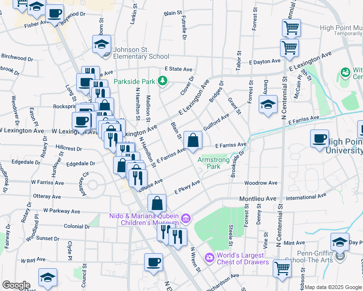map of restaurants, bars, coffee shops, grocery stores, and more near 415 East Farriss Avenue in High Point