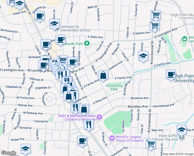 map of restaurants, bars, coffee shops, grocery stores, and more near 415 East Farriss Avenue in High Point