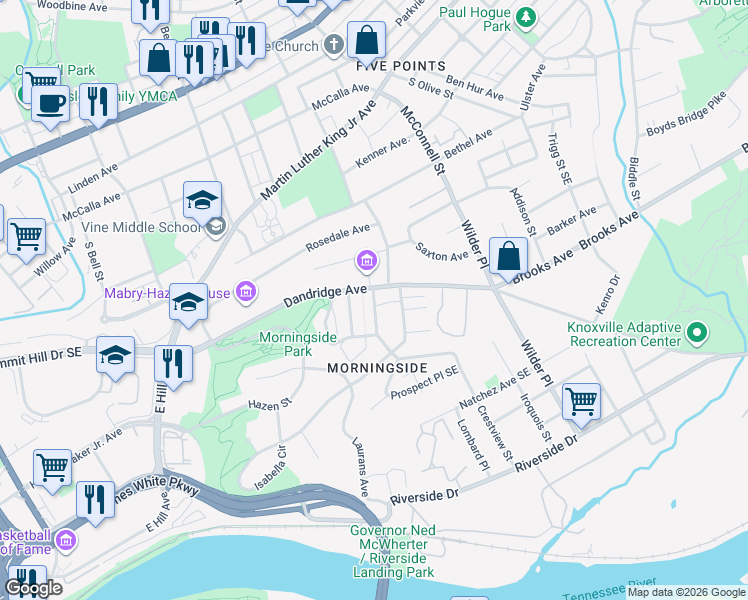 map of restaurants, bars, coffee shops, grocery stores, and more near 729 Leconte Drive Southeast in Knoxville