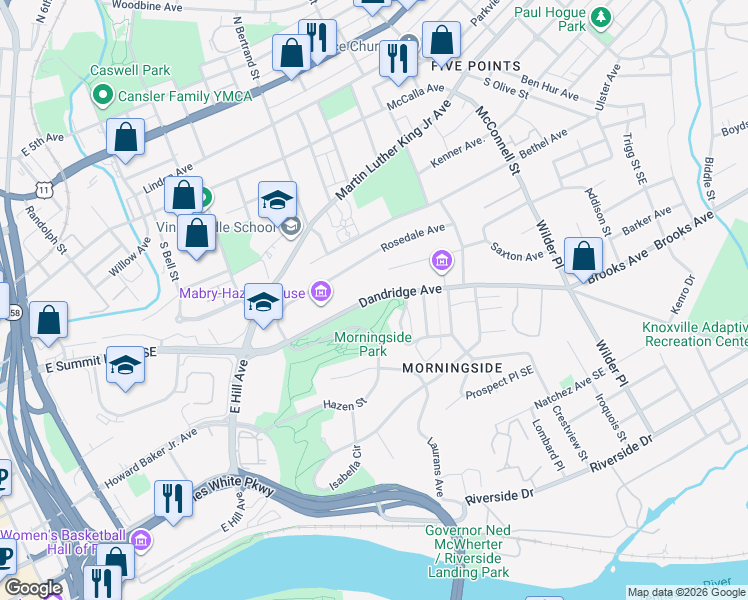 map of restaurants, bars, coffee shops, grocery stores, and more near in Knoxville