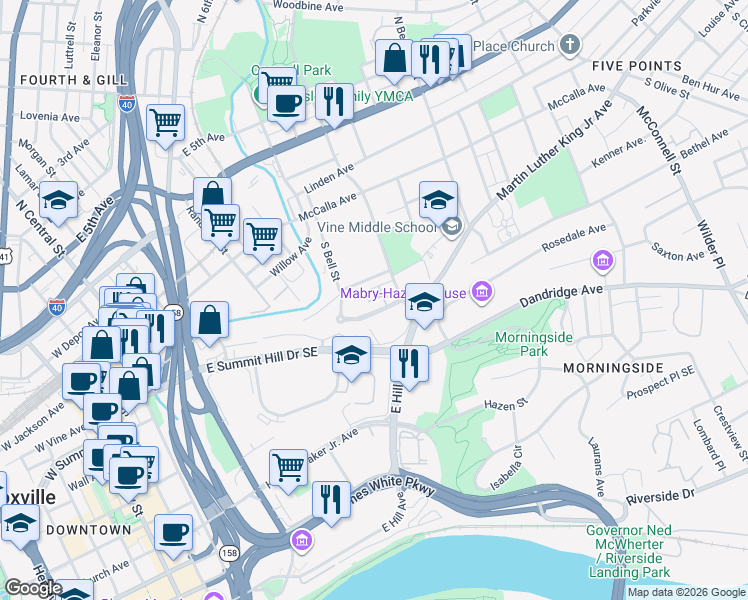 map of restaurants, bars, coffee shops, grocery stores, and more near 305 Mee Street Southeast in Knoxville
