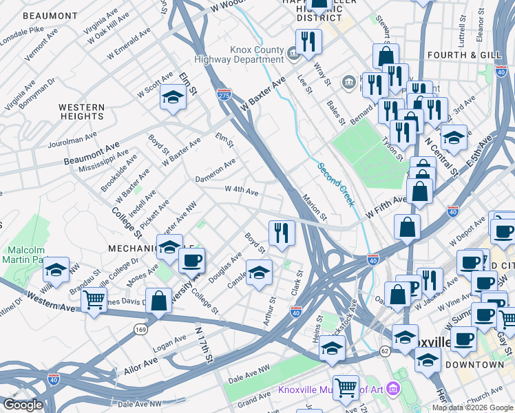 map of restaurants, bars, coffee shops, grocery stores, and more near 1100 University Avenue in Knoxville