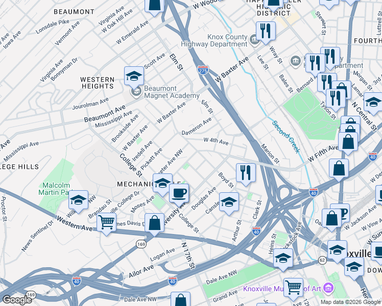 map of restaurants, bars, coffee shops, grocery stores, and more near 1226 Moses Avenue in Knoxville