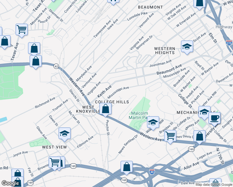 map of restaurants, bars, coffee shops, grocery stores, and more near 2136 Mississippi Avenue in Knoxville