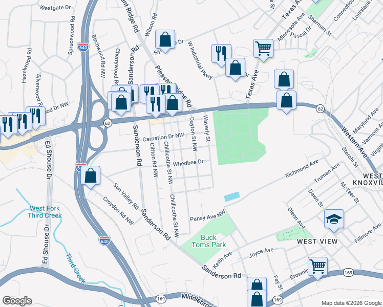 map of restaurants, bars, coffee shops, grocery stores, and more near 2523 Dayton Street in Knoxville