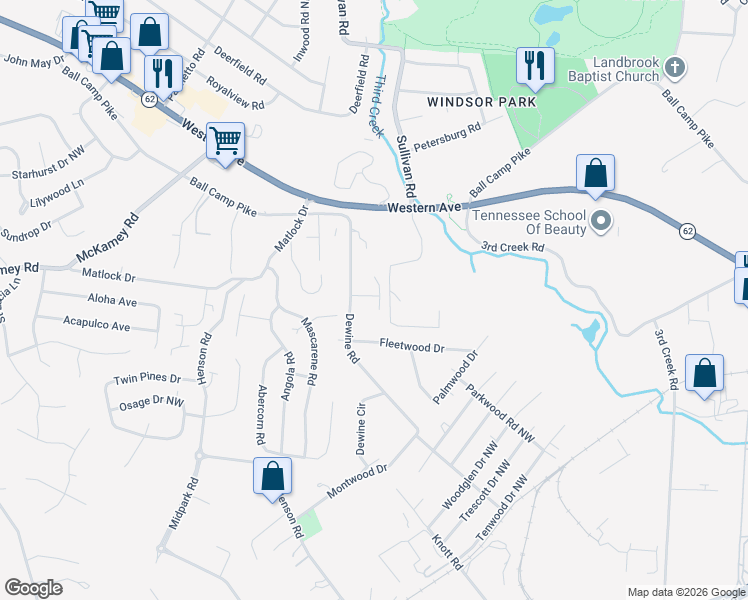 map of restaurants, bars, coffee shops, grocery stores, and more near 3202 Sweet Pine Way in Knoxville