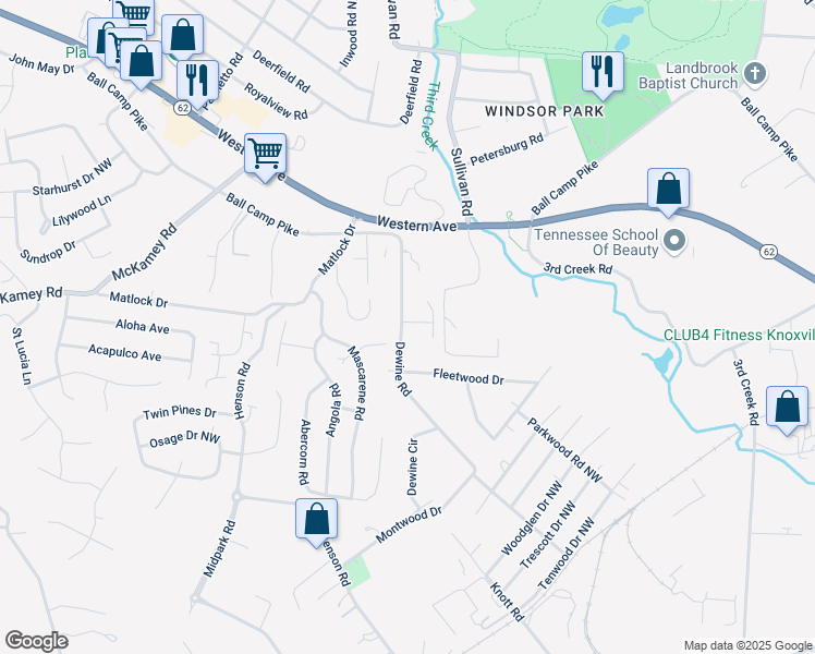 map of restaurants, bars, coffee shops, grocery stores, and more near 3209 Dewine Road in Knoxville