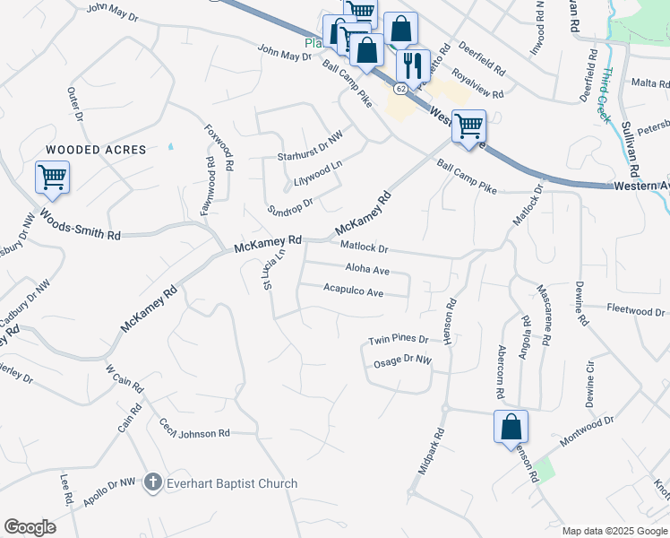 map of restaurants, bars, coffee shops, grocery stores, and more near 5749 Acapulco Avenue in Knoxville