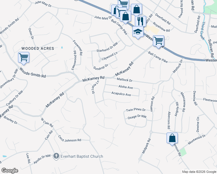 map of restaurants, bars, coffee shops, grocery stores, and more near 5749 Acapulco Avenue in Knoxville