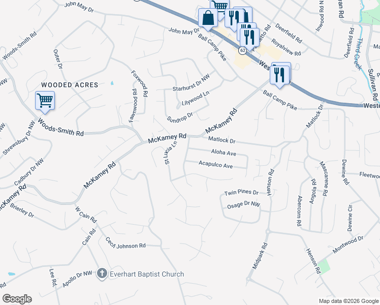 map of restaurants, bars, coffee shops, grocery stores, and more near 4425 Holiday Boulevard Northwest in Knoxville