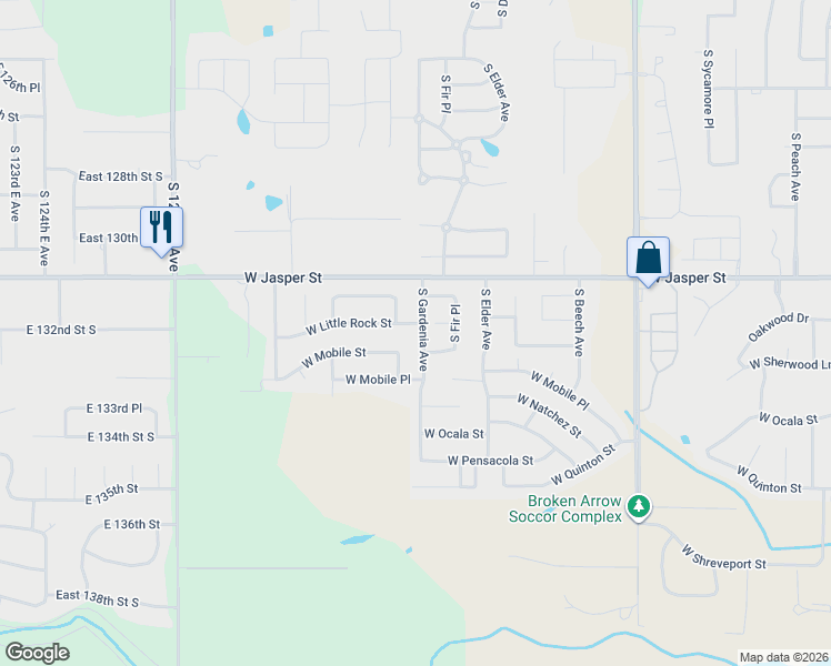 map of restaurants, bars, coffee shops, grocery stores, and more near 2709 West Little Rock Place in Broken Arrow