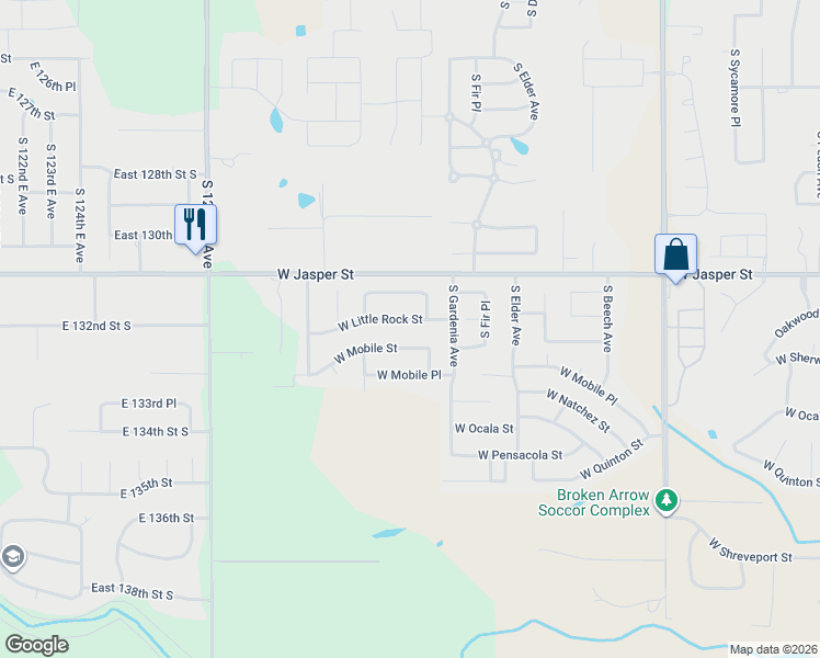 map of restaurants, bars, coffee shops, grocery stores, and more near 2901 West Mobile Street in Broken Arrow